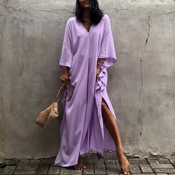 Lilac Shine Boho Cotton Kimono Flowy Oversized Kaftan Dress Maxi, S - Plus Size - Picture 2 of 6